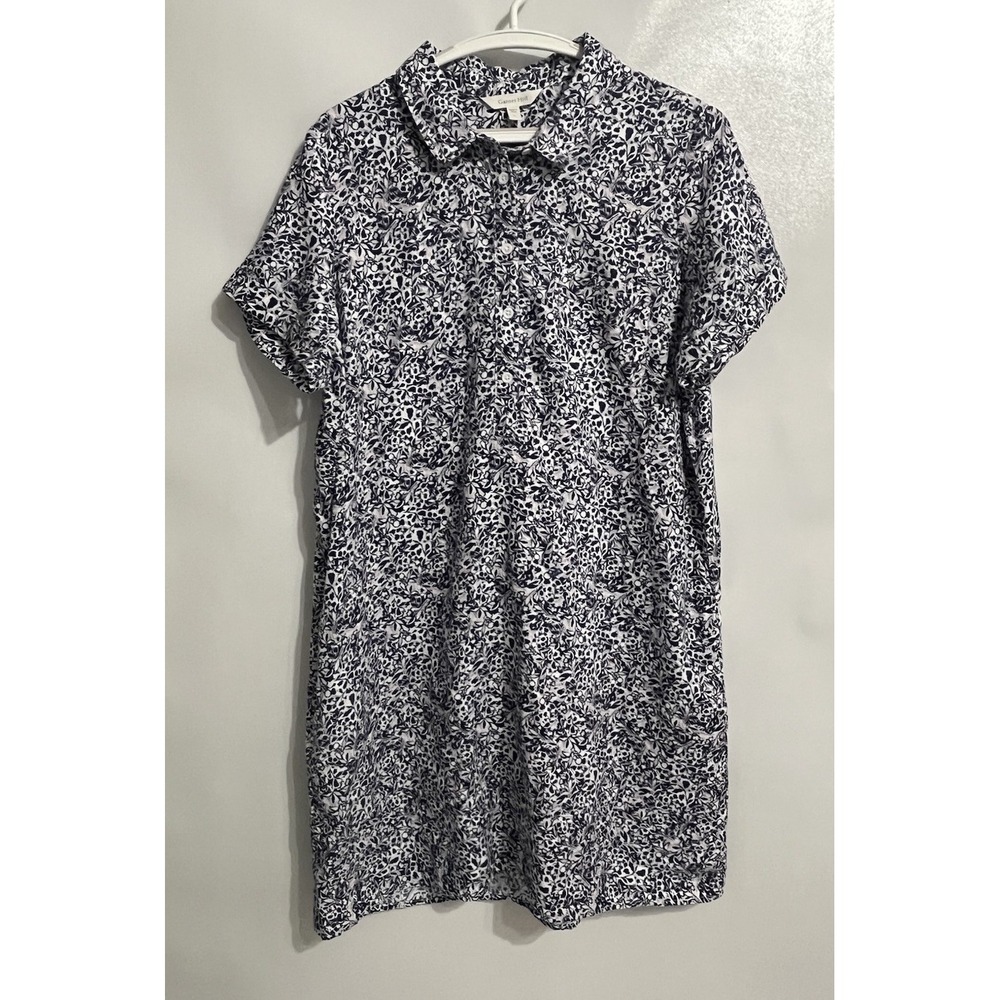 Garnet Hill Large Linen Relaxed Popover Shirtdress Navy White Floral Pockets
